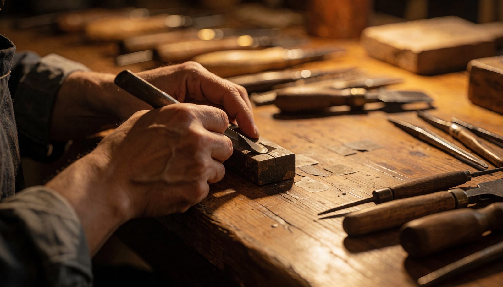 The hands of a craftsperson working with tools at a warm wooden workbench