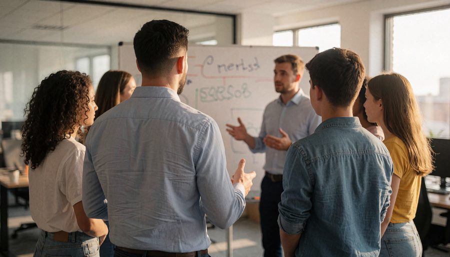 A professional talking with young people in an office