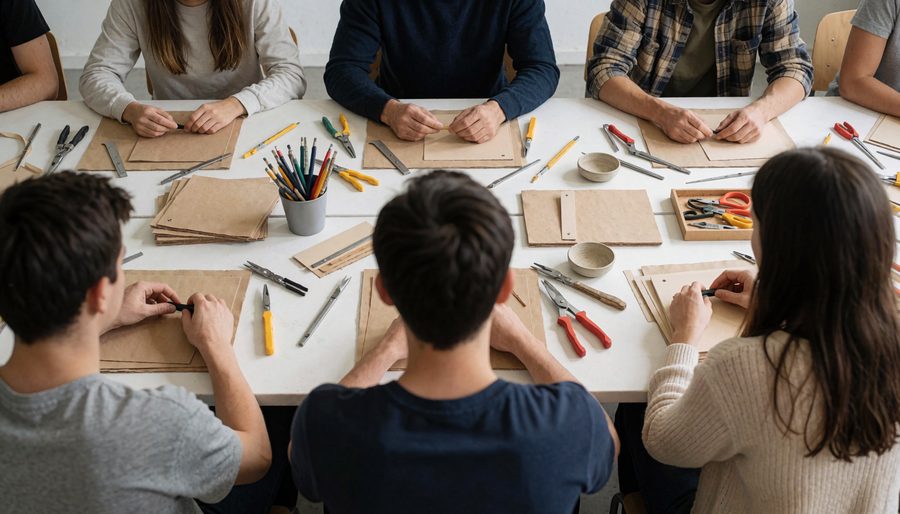 A hands-on workshop table seen from above