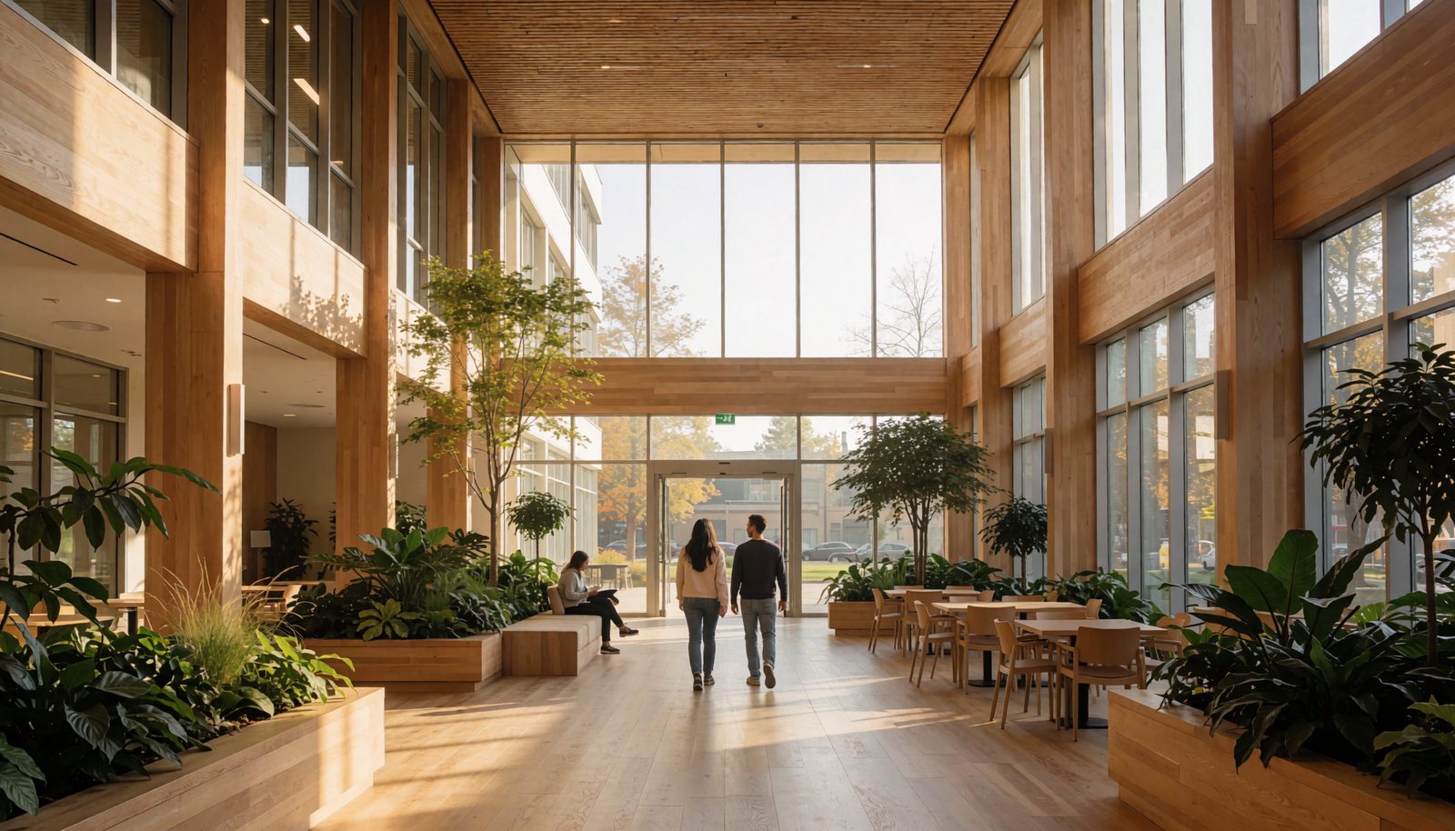 A bright, plant-filled community gathering space with people talking